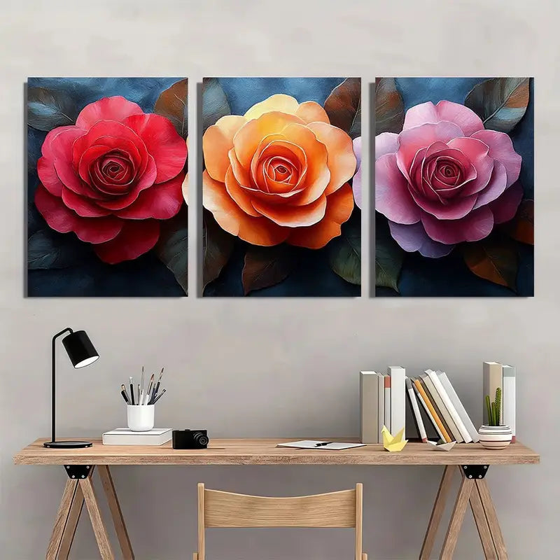 3pcs Red Pink Orange Purple Floral Metal Print Ready to Hang Art