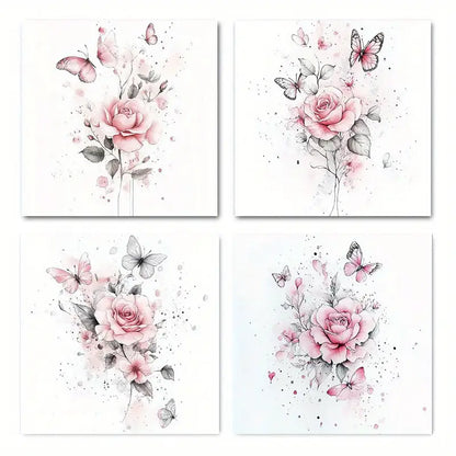 4pcs Floral Pink Elegant Modern Home Wall Art Canvas Framed