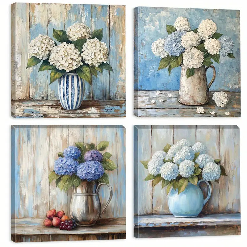4pcs  Floral Vase Hydrangea Ink  Wall Art Canvas Framed