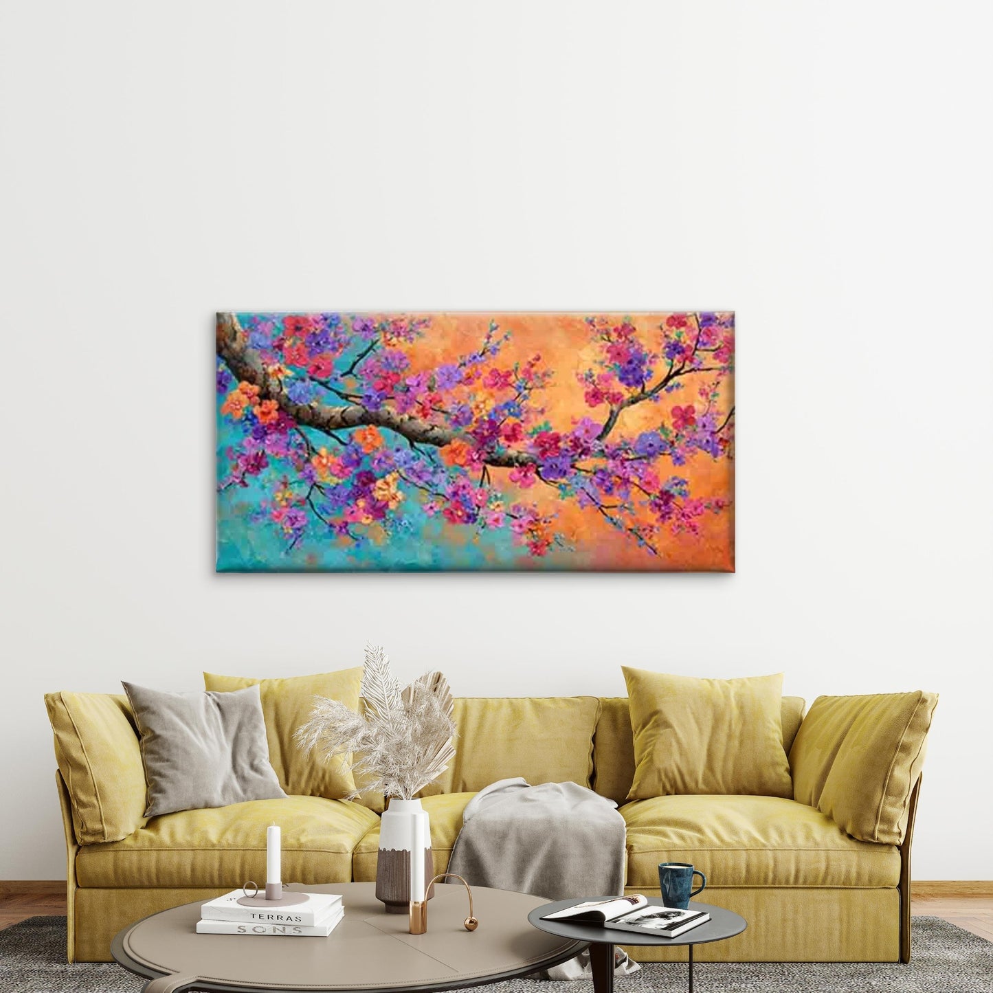 Vibrant Flower Branch Wall Art Canvas Office Home Room Framed 120x60cm - Bella Home Decor