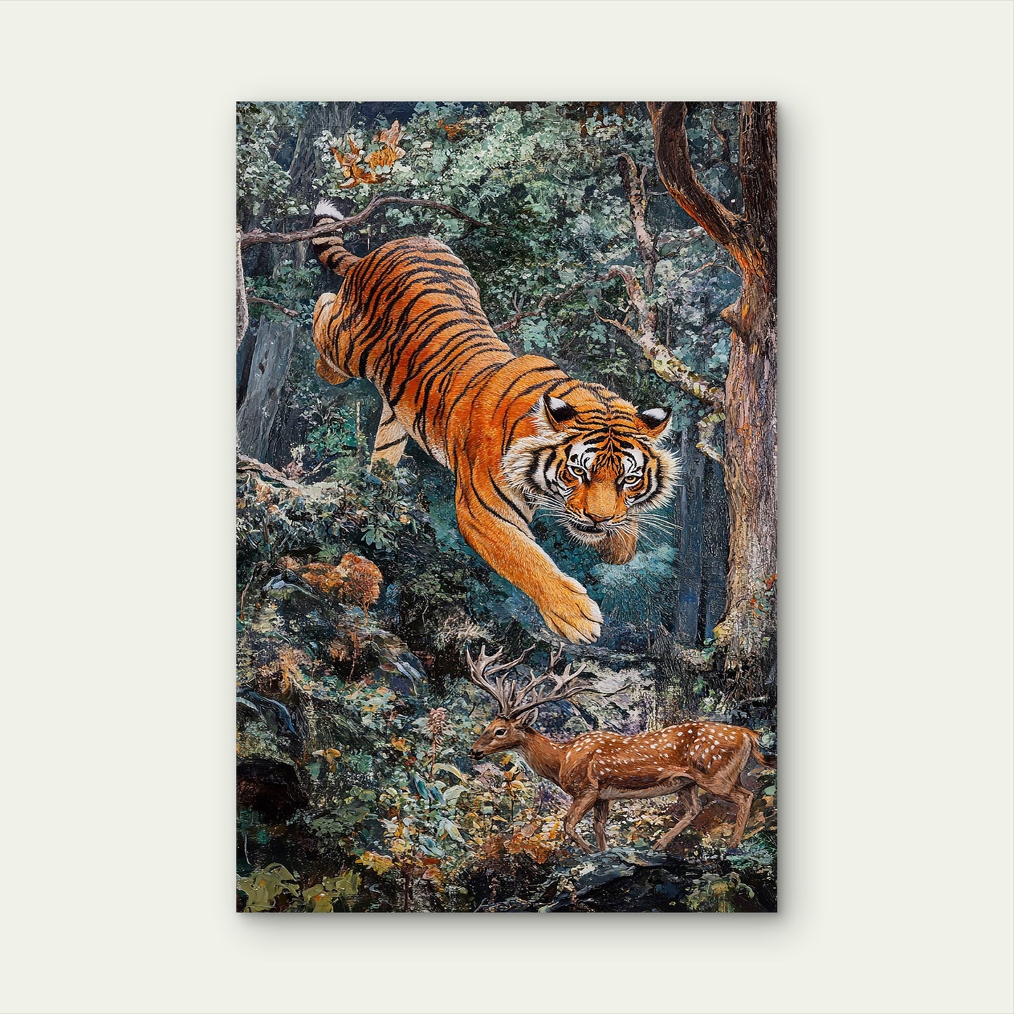 Tiger Hunting Deer Illustration 40x60cm Metal Print Ready to Hang