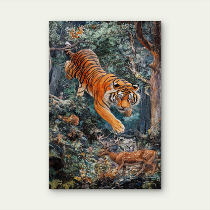 Tiger Hunting Deer Illustration 40x60cm Metal Print Ready to Hang