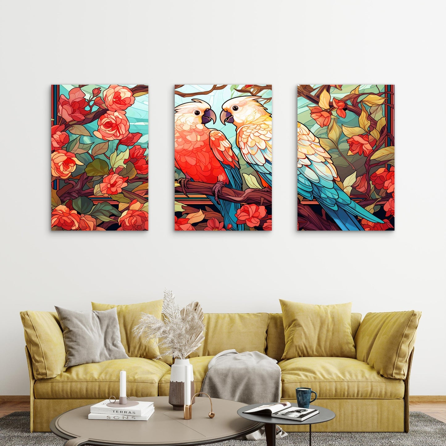 3pcs Stained Glass Parrots Rose Bush Floral Metal Print Ready to Hang Art