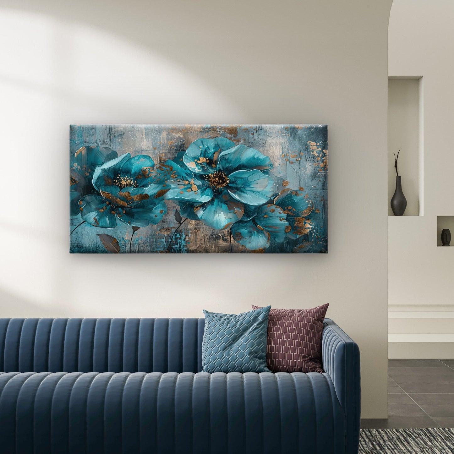Teal Blue Gold Floral Abstract Wall Art Canvas Office Home Room Framed 120x60cm