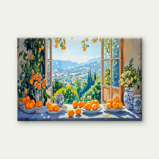 Mountains Through Orange Table Window Wall Art Decor 100% Australian Made