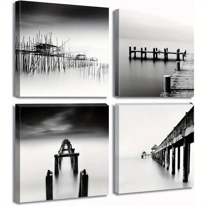 4pcs  Black and White Coastal Beach Wall Art Canvas Framed - Bella Home Decor