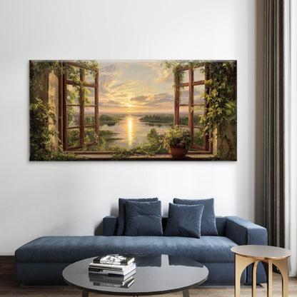 Botanical Window View Wall Art Canvas Office Home Room Framed 120x60cm