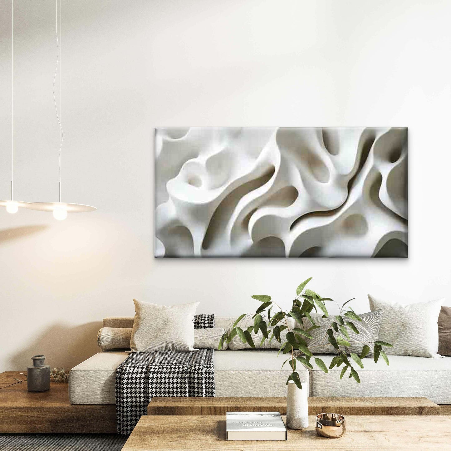 White Organic Abstract Line Art Wall Art Canvas Office Home Room Framed 120x60cm - Bella Home Decor