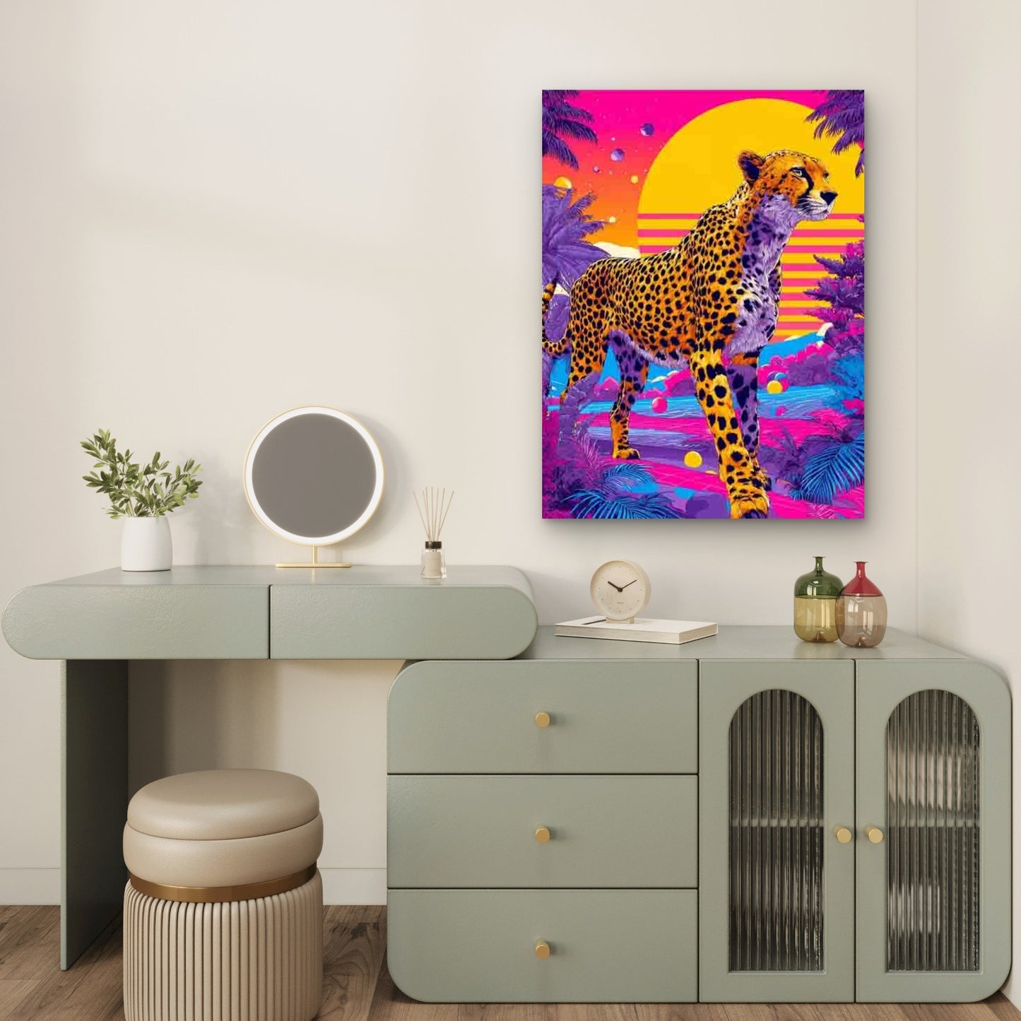 Cheetah In Vibrant Neon Landsape 60x90cm Metal Print Ready to Hang