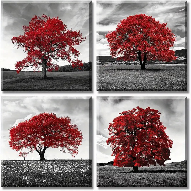 4pcs Black And White Modern Red Tree  Wall Art Canvas Framed