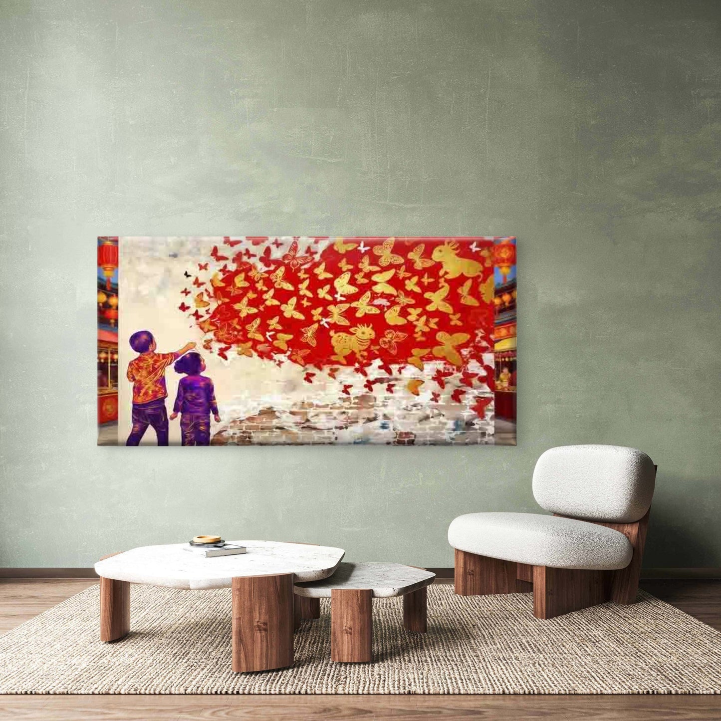 Children Watching Red Butterfli Wall Art Canvas Office Home Room Framed 120x60cm - Bella Home Decor