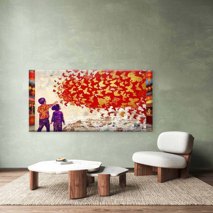 Children Watching Red Butterfli Wall Art Canvas Office Home Room Framed 120x60cm - Bella Home Decor