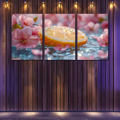 3pcs Sliced lemon in water with Florals Wall Art Set Canvas Framed 40x60cm - High Quality Print 100% Australian Made Wall Canvas Ready to Hang