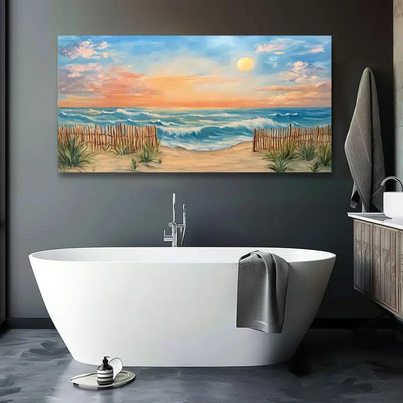 Nautical Beach Sunset Vibrant Coastal Scene Serene Ocean Waves & Sandy Shores Wall Art canvas office home room framed 120x60cm - Bella Home Decor