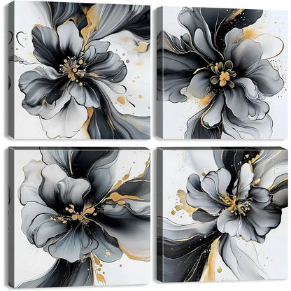 4pcs Golden Foil Fluid Lines Wall Art Canvas Framed