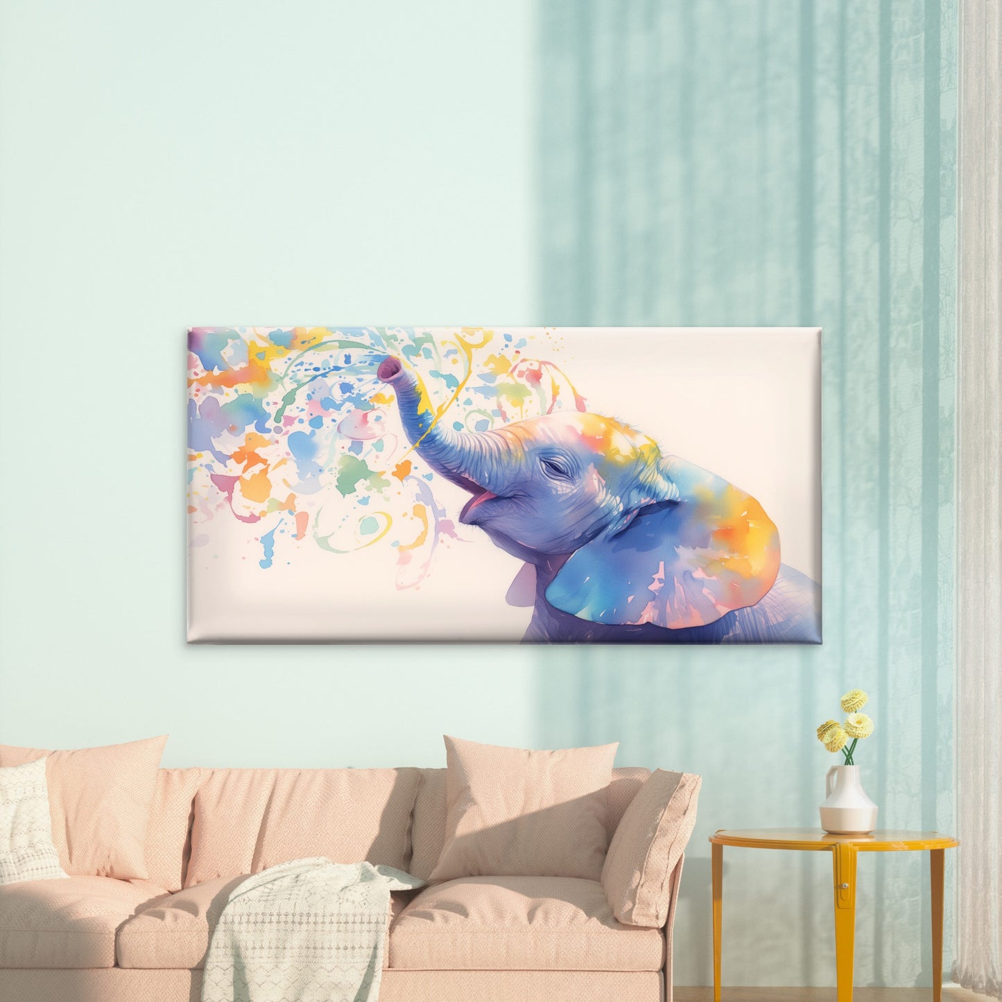 Joyful Elephant Rainbow Spray Wall Art Canvas Office Home Room Framed 120x60cm - Bella Home Decor