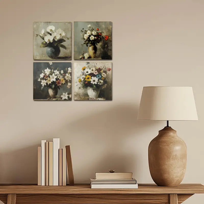 4pcs Orchid,Rose And Wild-lily Flower Vase Wall Art Canvas Framed