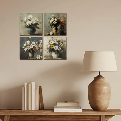 4pcs Orchid,Rose And Wild-lily Flower Vase Wall Art Canvas Framed