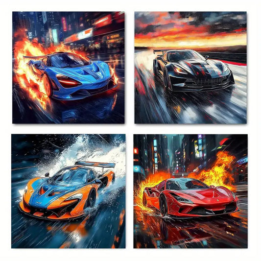 4pcs T Black Blue Red Race Cars Cool  Wall Art Canvas Framed