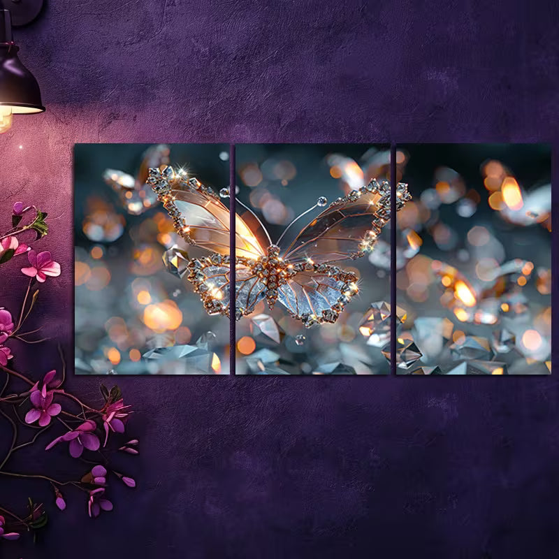 3pcs Elegant Crystal Butterfly Wall Art Set Canvas Framed 50x70cm - High Quality Print 100% Australian Made Wall Canvas Ready to Hang