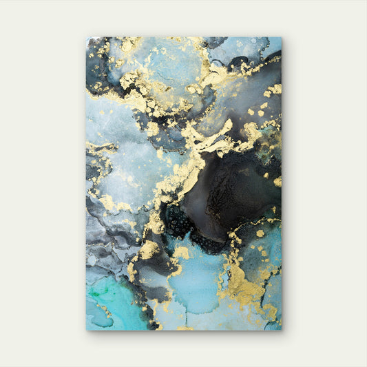 Teal Blue Gold Foil Fluid Ink Abstract Swirl 40x60cm Metal Print Ready to Hang