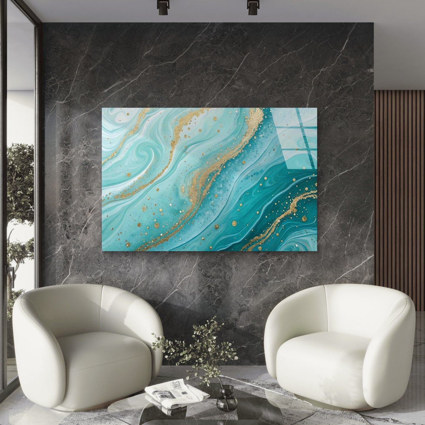 Turquoise Gold Abstract Tempered Glass Printing Wall Art Australian Made Quality