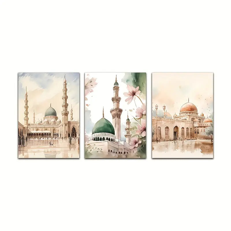 3pcs Modern Bohemian Beige Islamic Architecture Metal Print Ready to Hang Art