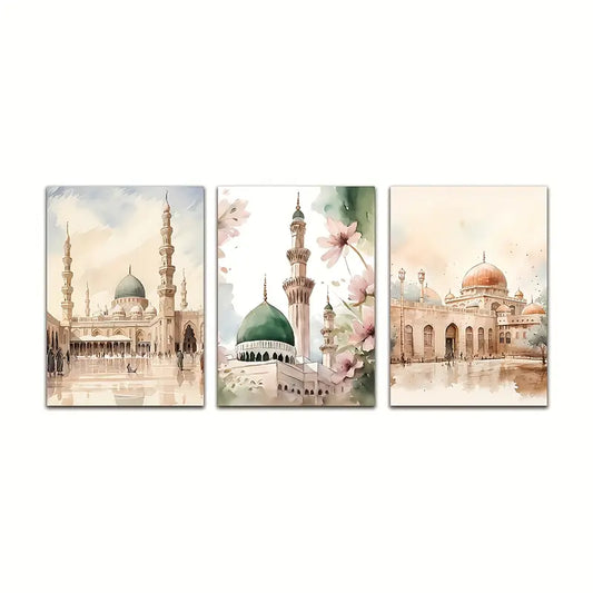3pcs Modern Bohemian Beige Islamic Architecture Metal Print Ready to Hang Art