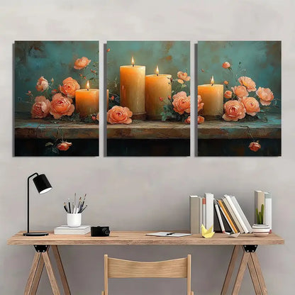 3pcs Elegant Floral & Candlelight Painting Metal Print Ready to Hang Art