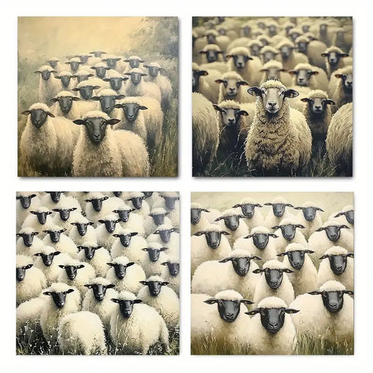 4pcs Abstract Black Sheep Wall Art Canvas Framed