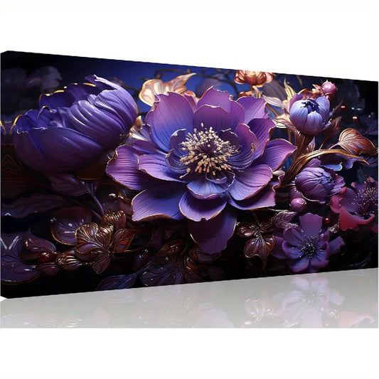 Abstract Purple Flower Deep Violet & Golden Accents Wall Art canvas office home room framed 120x60cm - Bella Home Decor