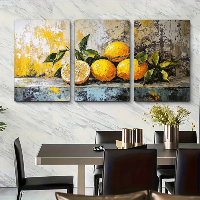 3pcs Vibrant Lemon And Orange Still Life Painting Metal Print Ready to Hang Art