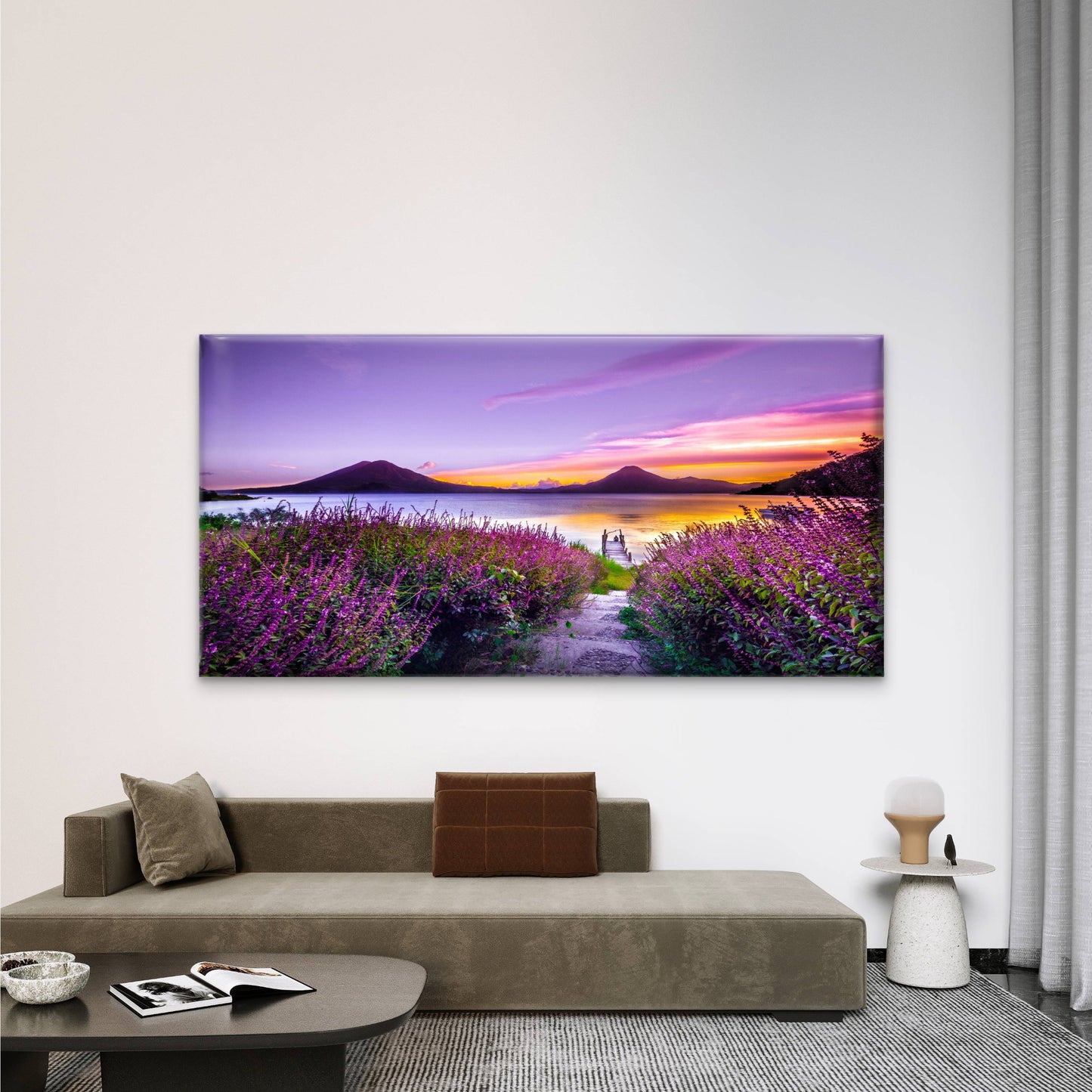 Purple Flowers By The Lake Wall Art Canvas Office Home Room Framed 120x60cm