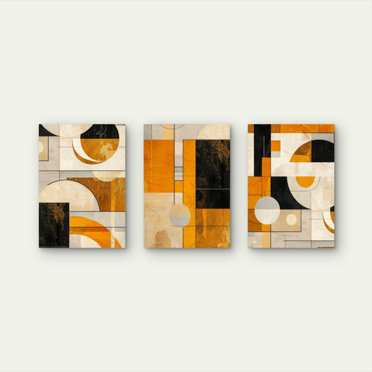 3pcs Mustard Geometric Abstract Shapes Wall Art Set Canvas Framed 50x70cm - High Quality Print 100% Australian Made Wall Canvas Ready to Hang