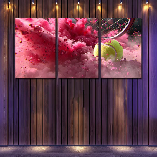 3pcs yellow tennis ball impacting a racket Wall Art Set Canvas Framed 50x70cm - High Quality Print 100% Australian Made Wall Canvas Ready to Hang