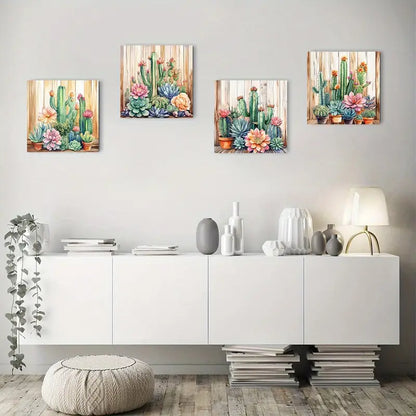 4pcs Fleshy Spiny Flowers, Vibrant Colors Wall Art Canvas Framed