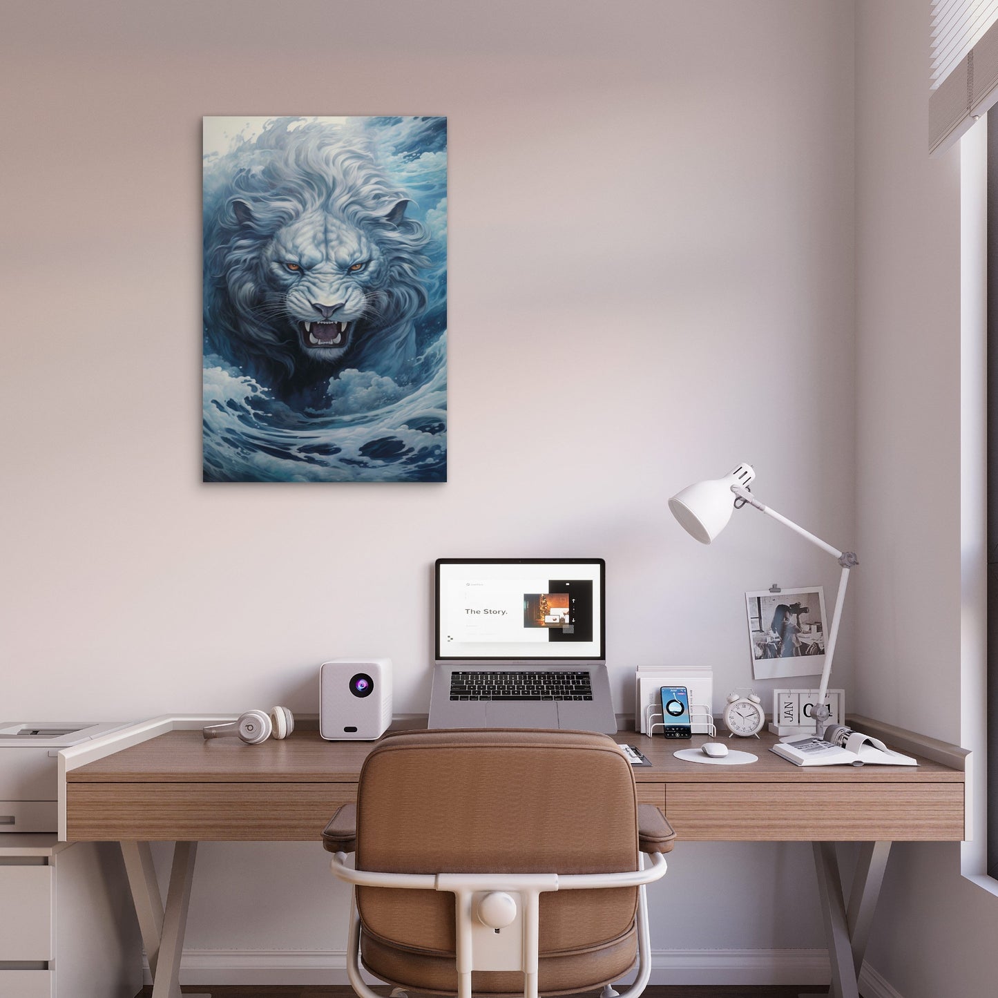 White Lion Roaring Ocean 40x60cm Metal Print Ready to Hang
