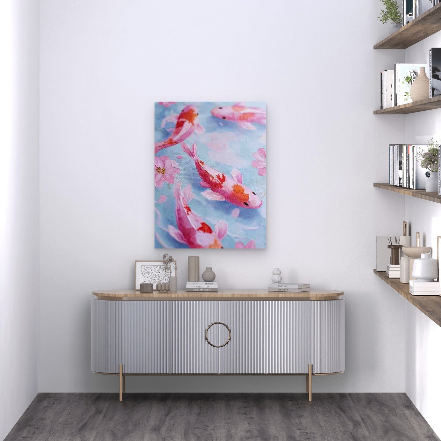 Two Koi Fish in Pastel Pink & Soft Blue Metal Print Ready to Hang