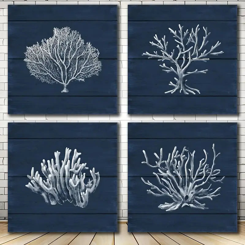 4pcs Coral Ocean Navy Blue Coastal Wall Art Canvas Framed - Bella Home Decor