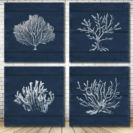 4pcs Coral Ocean Navy Blue Coastal Wall Art Canvas Framed