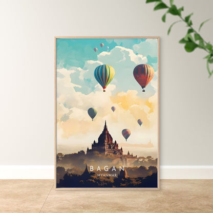Myanmar Hot Air Balloon & Temple Travel Poster Print Wall Art