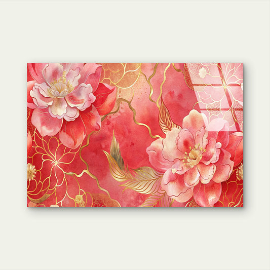 Chinoiserie Red Pink Peony Flora Acrylic Printing Wall Art Australian Made Quality