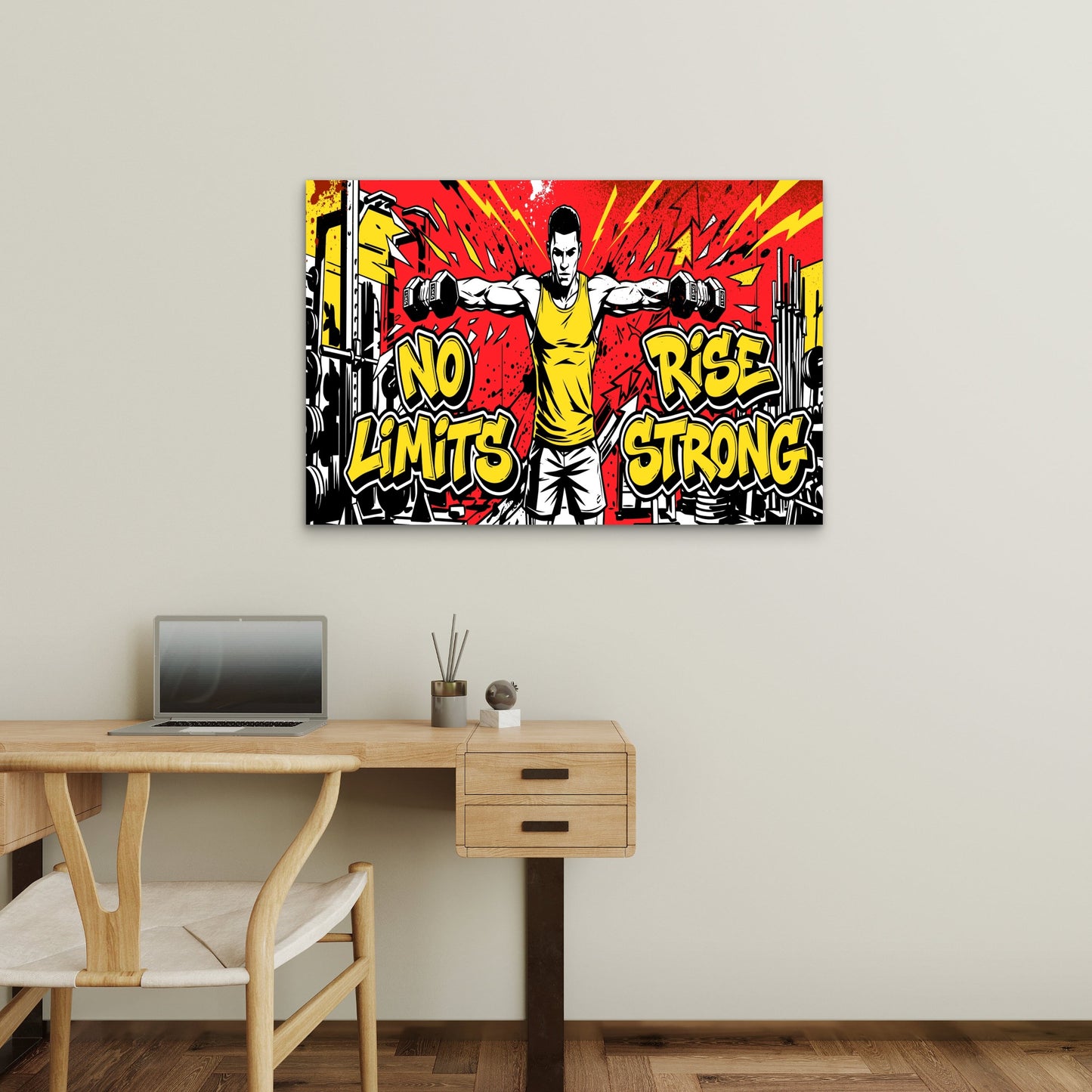 Gym Workout Dumbbell Lateral Raises No Limits Rise Strong Graffiti Red Yellow 5mm thick Plastic Poster Ready to Hang 90x60cm