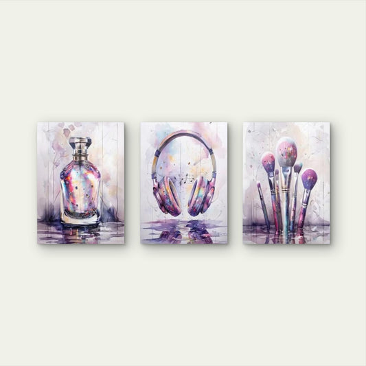 3pcs Glam Watercolor Makeup Perfume Wall Art Set Canvas Framed 40x60cm - High Quality Print 100% Australian Made Wall Canvas Ready to Hang