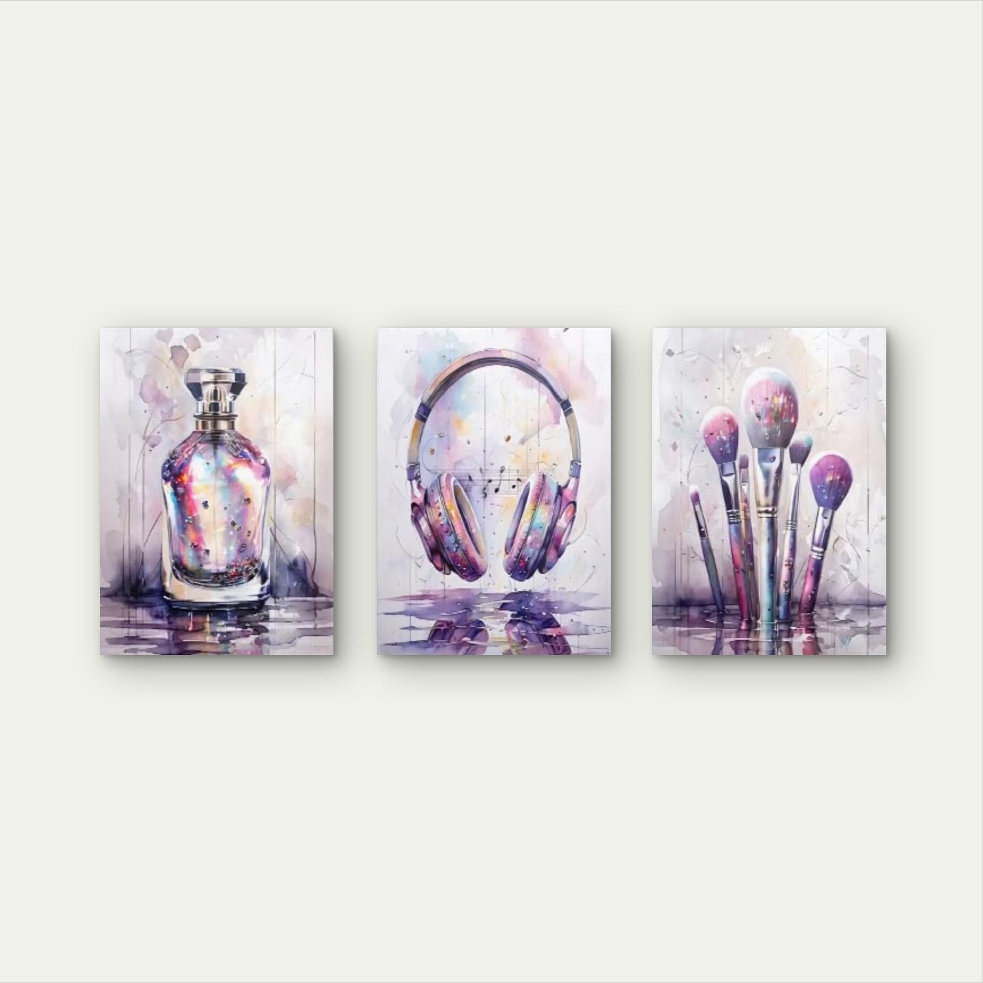 3pcs Glam Watercolor Makeup Perfume Wall Art Set Canvas Framed 50x70cm - High Quality Print 100% Australian Made Wall Canvas Ready to Hang - Bella Home Decor