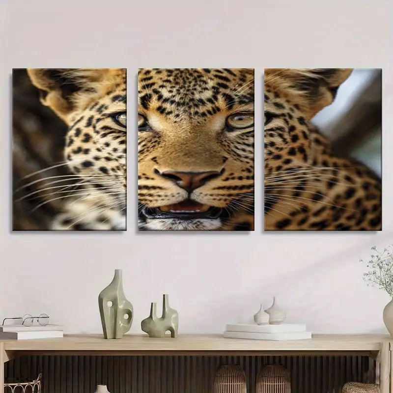 3pcs African Leopard Face Paintings With Hooks Metal Print Ready to Hang Art - Bella Home Decor