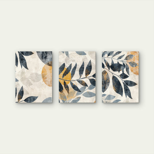3pcs Abstract Ochre Navy Blue Eucalyptus Wall Art Set Canvas Framed 60x90cm - High Quality Print 100% Australian Made Wall Canvas Ready to Hang