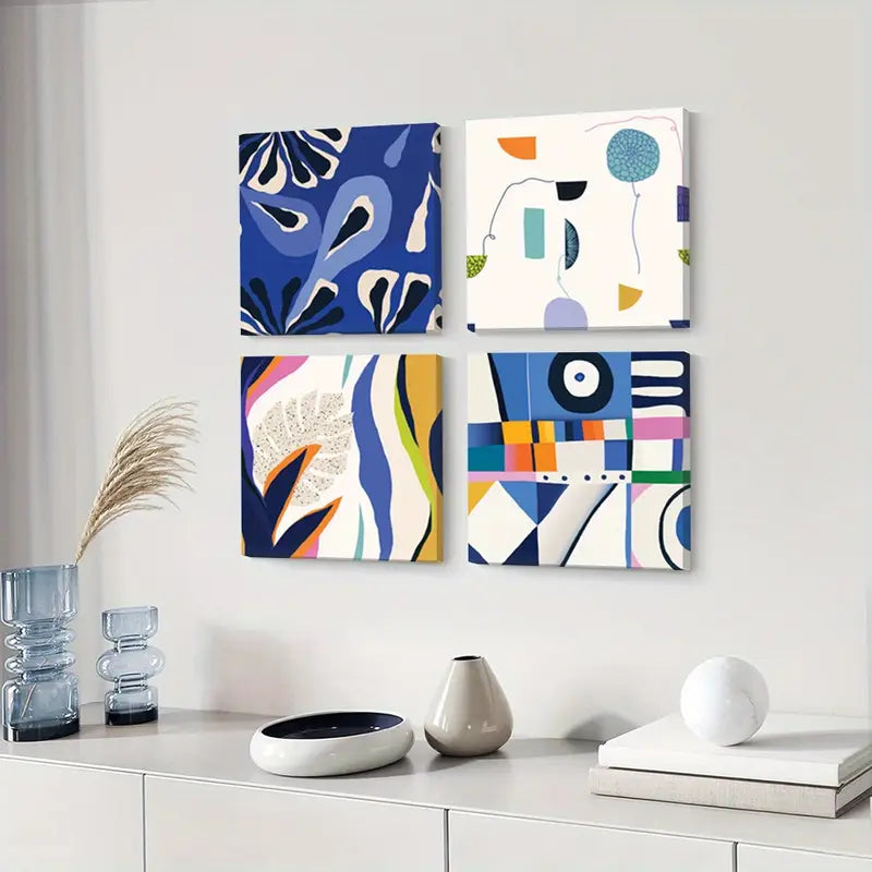 4pcs  Blue Tone Colorful Lines Wall Art Canvas Framed