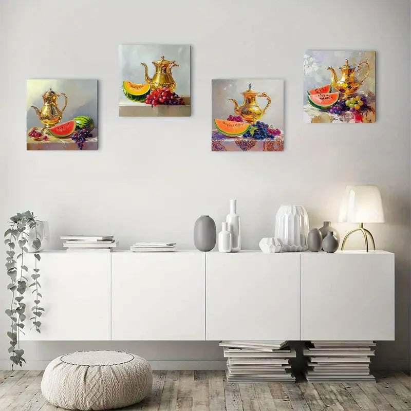 4pcs Golden Tea Kettle And Watermelon Glass Wall Art Canvas Framed