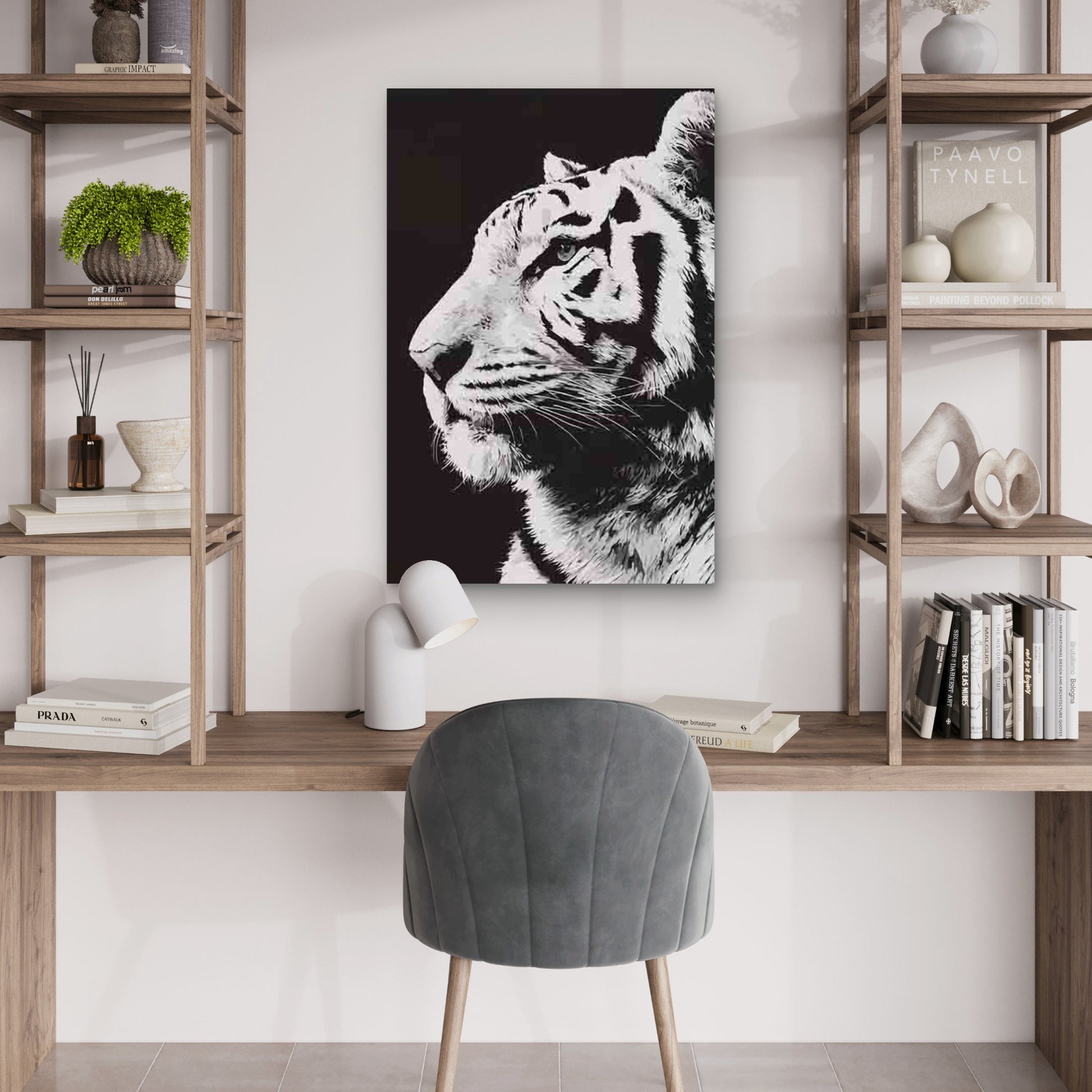 Black & White Photography-Style Tiger Head 40x60cm Metal Print Ready to Hang - Bella Home Decor